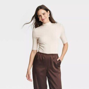 NWT A New Day Women's Ribbed Short Sleeve Mock Turtleneck T-Shirt - Cream